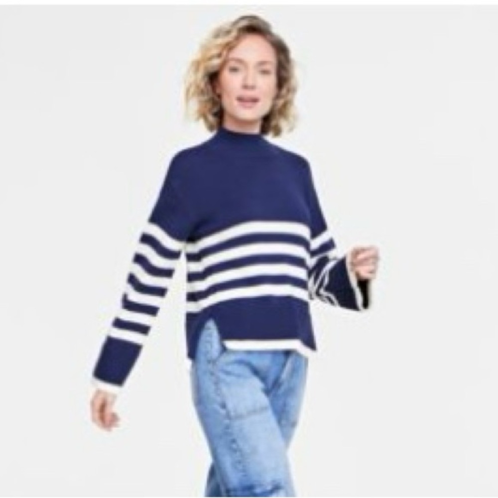On 34th Mock Neck Sailor-Stripe Sweater Sz M NWT